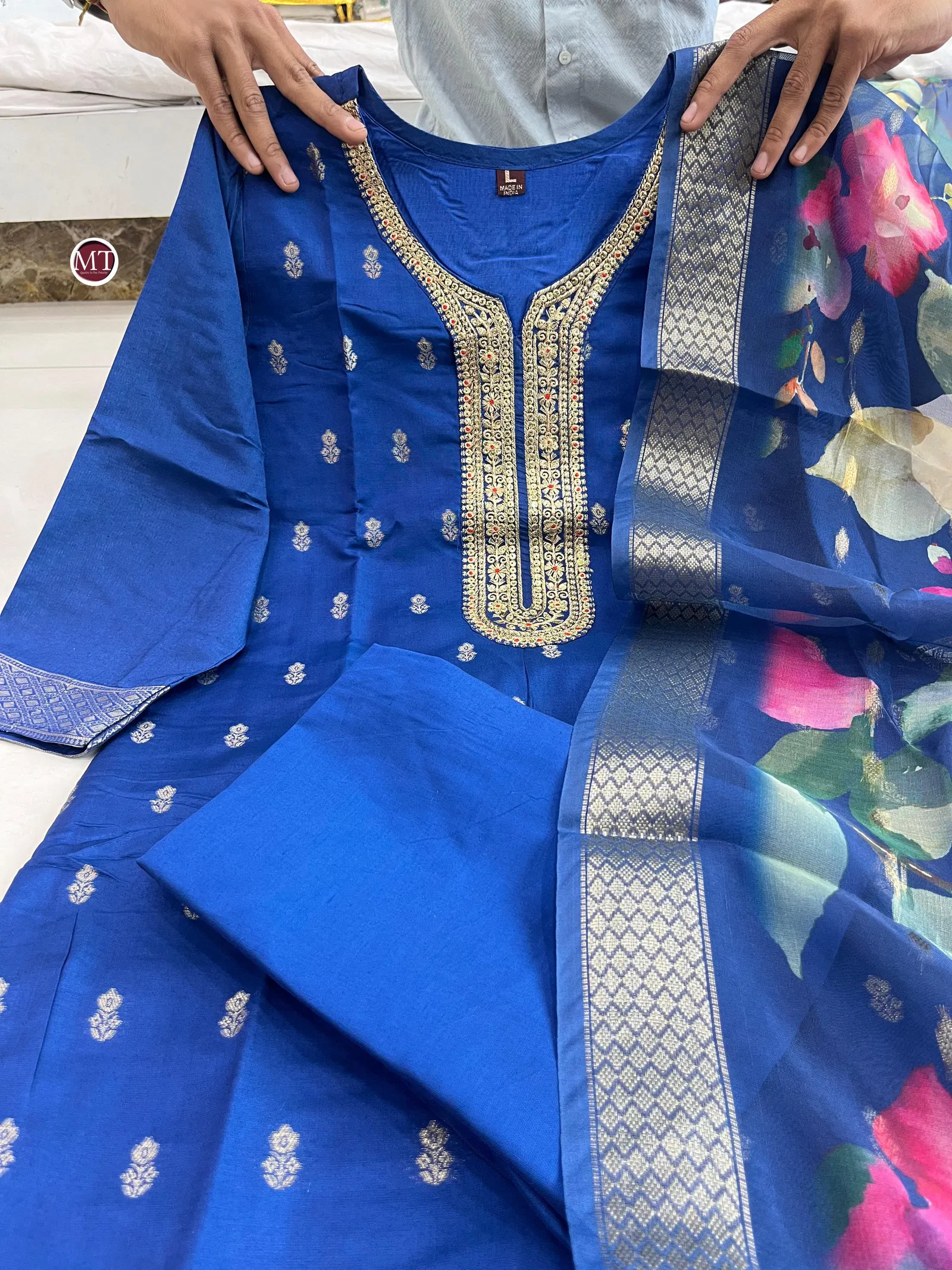 MT Banarasi Cotton Silk Embroidery Kurti With Bottom Dupatta Wholesale Price In Surat